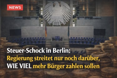 Bundestag plenary hall with the German eagle and gold coins illustrating tax news in Berlin.