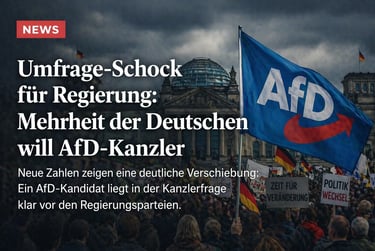 Crowd waving AfD party flags in front of the Reichstag building in Berlin during a German political protest.