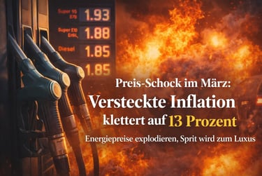 Gas station pump with rising fuel prices over an explosion background symbolizing inflation.