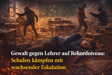 Dramatic depiction of school violence showing a teacher injured on the floor amidst a chaotic classroom riot.