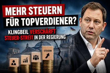 Lars Klingbeil discusses tax increases for top earners in Germany alongside Reichstag building imagery.