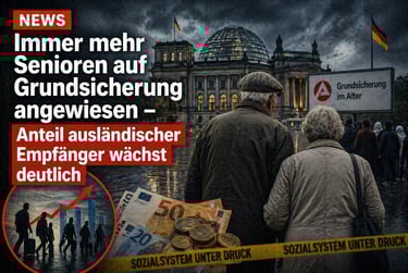 Seniors facing poverty near the Reichstag building with news text about German social welfare security.