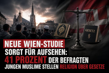 Vienna study graphic showing a Quran and law book on scales before St. Stephen's Cathedral.