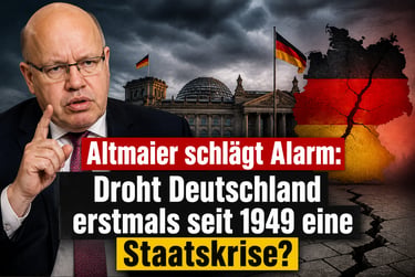 Peter Altmaier gestures in front of the Reichstag building with a cracked German map depicting a national crisis.