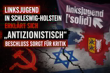 Linksjugend Solid Schleswig-Holstein political graphic featuring Israeli flag, communist hammer and sickle, and state map.