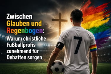 A football player in a stadium wearing a cross and rainbow armband, symbolizing faith and LGBTQ+ inclusion.