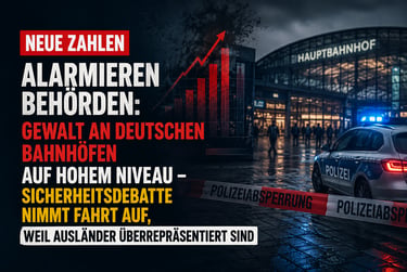 Police car at Hauptbahnhof station with rising crime graph and German text about railway security statistics.