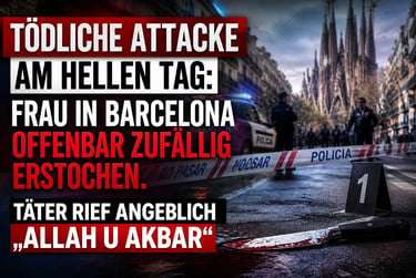 Police scene in Barcelona near Sagrada Familia with a bloody knife and German news text about an attack.