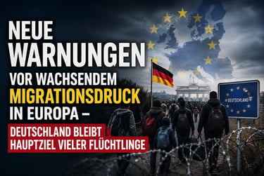 Migrants walking toward the Brandenburg Gate with German and EU flags, discussing migration pressure in Europe.