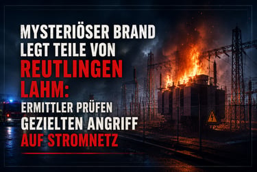 A power substation transformer on fire in Reutlingen with a fire truck and emergency text overlay.