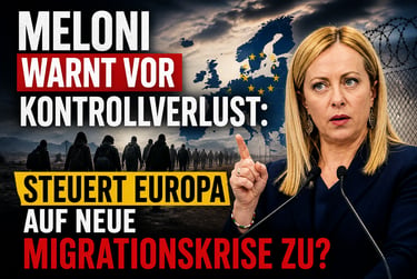 Giorgia Meloni warns of a European migration crisis with a map and silhouettes of migrants.