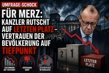 Friedrich Merz depicted with a falling red arrow and poll data showing low confidence in German politics.