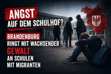 A lonely student sitting on a schoolyard floor with text about school violence in Brandenburg, Germany.