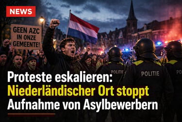 Protesters in the Netherlands demonstrating against asylum seekers facing police in riot gear at night.