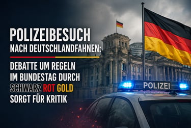 German police car with flashing blue lights in front of the Reichstag building and national flag.