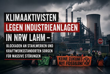 Climate activists blockading a German industrial steel plant with banners to protest fossil fuels.