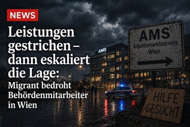 Vienna AMS office at night with police car and headline about an incident with a migrant.