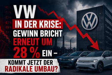 Volkswagen logo on a building with a falling red arrow showing a 28 percent profit drop for VW.
