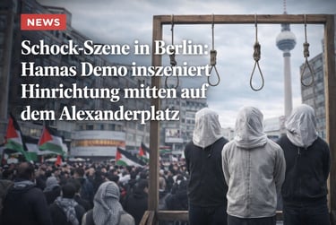 Protesters at a Berlin Alexanderplatz demonstration standing before a wooden gallows with nooses.