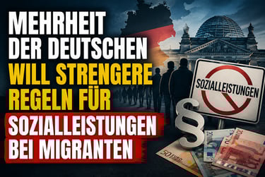German text overlay on image of Reichstag building discussing stricter social benefits for migrants.