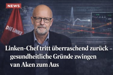 Jan van Aken, leader of Die Linke, pictured in a news graphic announcing his resignation for health reasons.