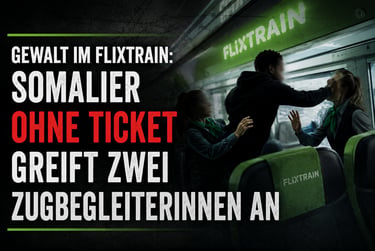A dramatic reenactment of a passenger confrontation with train staff on a Flixtrain interior.