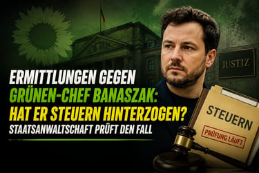 Felix Banaszak with a tax document and gavel, discussing Green Party legal investigations.