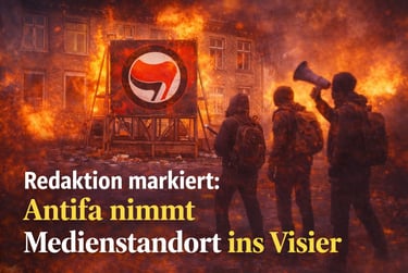 Silhouettes of protesters near a burning building and Antifa flag symbol during a political riot.