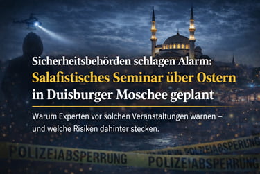 Silhouette of a man with a helicopter illuminating a mosque, a police line, and German text: "Security authorities sound the