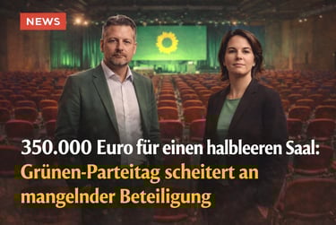 Annalena Baerbock and Robert Habeck stand before an empty hall at a Green Party conference.