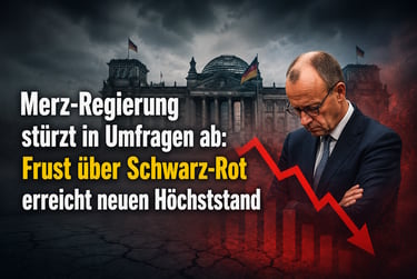 Friedrich Merz in front of the Reichstag with a red downward arrow showing falling poll numbers.