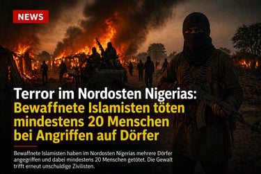 Armed militants stand before a burning village in northeast Nigeria under a dark, smoky sky.