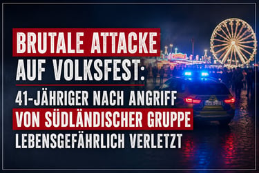 German police car with blue lights at a night fair with a Ferris wheel and news headline about an attack.