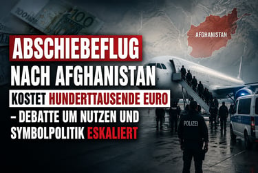 Deportation flight to Afghanistan with police officers and passengers boarding a plane at night.