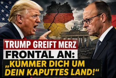 Donald Trump and Friedrich Merz face off over a cracked map of Germany and Brandenburg Gate.