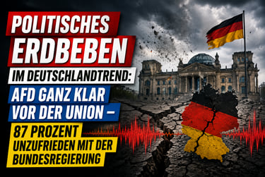 German Reichstag building with a cracked map of Germany and political text about AfD poll results and government