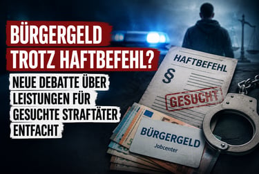 Bürgergeld debate graphic with arrest warrant, handcuffs, and Euro cash for social benefits discussion.