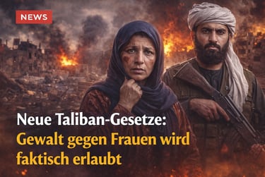 An Afghan woman and an armed Taliban fighter stand before a backdrop of war-torn city ruins and fire.