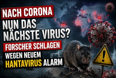 A brown rat next to a coronavirus cell and a world map, warning of a new hantavirus outbreak.