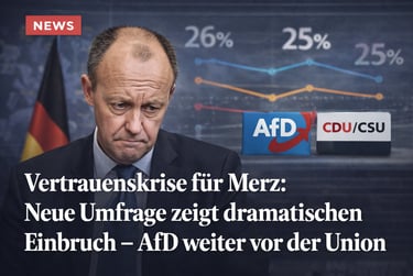 Friedrich Merz of the CDU/CSU in front of a political poll chart showing AfD party gains in Germany.