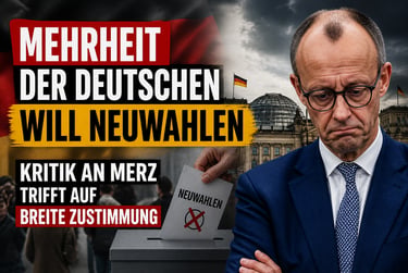 Friedrich Merz next to German political text about snap elections and a ballot box.