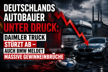 German automotive industry crisis graphic featuring BMW, Mercedes trucks, and declining profit charts.