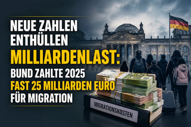 Infographic showing migration costs in Germany for 2025 with the Reichstag building and stacks of Euro bills.