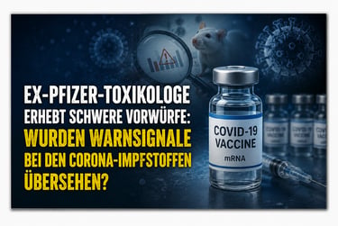 COVID-19 vaccine vial next to a lab rat and German text about Pfizer toxicology reports and vaccine safety.