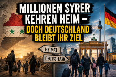 German news graphic showing Syrian refugees walking toward Berlin and Damascus with a road sign.