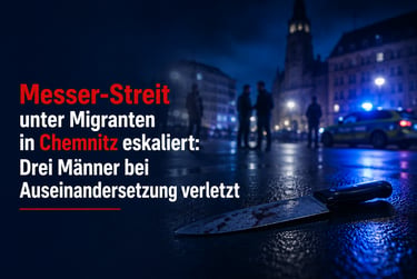 A bloody knife lies on a dark street in Chemnitz with police and silhouettes in the background.