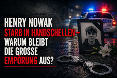 Memorial for Henry Nowak with photo, handcuffs, and police car lights at a night crime scene.