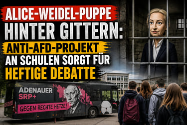 Alice Weidel doll behind bars in an anti-AfD school project poster with a school bus.