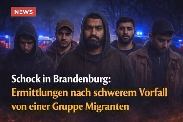 A group of young men in hoodies and jackets standing before police car lights for a Brandenburg news report.