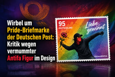 German Post Pride stamp featuring a masked figure with flowers against a rainbow background.
